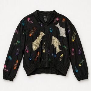 Vtg Silk Fish Bomber Black Sequin Oversize Jacket S Dopamine Maximalist Whimsy